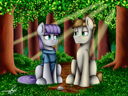 Size: 1600x1200 | Tagged: safe, artist:supermoix, derpibooru import, boulder (pet), maud pie, mudbriar, complex background, crepuscular rays, cute, female, forest, grass, male, maudbriar, shipping, straight, tree, twiggy (pet)