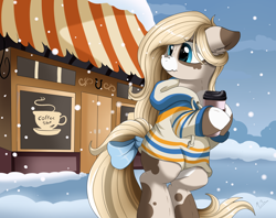 Size: 2030x1608 | Tagged: safe, artist:pridark, derpibooru import, oc, oc only, pony, bipedal, building, cafe, cappuccino, clothes, commission, cup, looking back, scenery, snow, solo