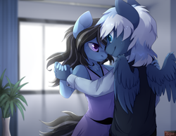 Size: 2300x1783 | Tagged: safe, artist:reysi, derpibooru import, oc, oc only, oc:lunacy, oc:silver lining, anthro, pegasus, chest fluff, clothes, dancing, dress, duo, ear fluff, female, male