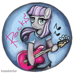 Size: 425x425 | Tagged: safe, artist:kassberke, derpibooru import, maud pie, ear fluff, guitar, music, music notes, rock, rock (music), solo