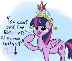 Size: 4800x4075 | Tagged: safe, artist:artiks, derpibooru import, twilight sparkle, twilight sparkle (alicorn), alicorn, absurd resolution, big crown thingy, blue background, dialogue, element of magic, female, jewelry, mare, regalia, simple background, smug, solo