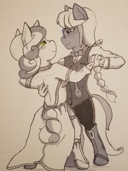 Size: 1614x2152 | Tagged: safe, artist:zalla661, derpibooru import, silver spoon, sweetie belle, anthro, earth pony, unguligrade anthro, unicorn, clothes, dancing, dress, female, lesbian, looking at each other, monochrome, shipping, silverbelle, smiling, traditional art