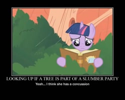 Size: 750x600 | Tagged: safe, artist:crossoverprincess, derpibooru import, edit, edited screencap, screencap, twilight sparkle, pony, unicorn, look before you sleep, book, golden oaks library, motivational poster, solo, tree