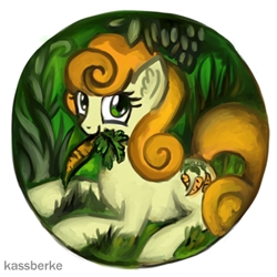 Size: 425x425 | Tagged: safe, artist:kassberke, derpibooru import, carrot top, golden harvest, carrot, carrot in mouth, carrot top's garden, ear fluff, food, grass, solo