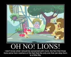 Size: 750x600 | Tagged: safe, artist:crossoverprincess, derpibooru import, edit, edited screencap, screencap, apple bloom, big cat, earth pony, lion, pony, the cutie pox, female, filly, lion tamer, lion tamer's chair, motivational poster