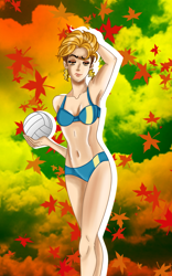 Size: 750x1200 | Tagged: safe, artist:kyle23emma, derpibooru import, lightning dust, human, armpits, ball, bikini, clothes, humanized, sports, swimsuit, volleyball