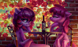 Size: 2756x1690 | Tagged: safe, artist:holivi, derpibooru import, berry punch, berryshine, oc, oc:share dast, earth pony, pony, alcohol, chair, commission, duo, female, floppy ears, leaves, looking at you, mare, sitting, smiling, table, tree, wine