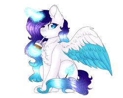 Size: 5000x4000 | Tagged: safe, artist:doux-ameri, derpibooru import, oc, oc:miuky, alicorn, pony, absurd resolution, chest fluff, colored wings, female, magic, mare, milkshake, multicolored wings, simple background, sitting, solo, transparent background