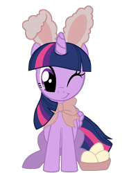 Size: 1500x2018 | Tagged: safe, artist:lonewolf3878, derpibooru import, twilight sparkle, twilight sparkle (alicorn), alicorn, basket, bow, bunny ears, cute, easter, easter egg, egg (food), food, holiday, looking at you, one eye closed, simple background, sitting, smiling, solo, transparent background, twiabetes, vector, weapons-grade cute, wink