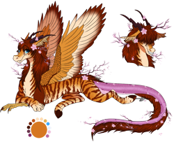 Size: 1108x899 | Tagged: safe, artist:bijutsuyoukai, derpibooru import, oc, oc only, oc:golden tiger blossom, draconequus, prone, reference sheet, simple background, solo, transparent background