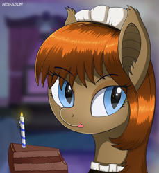 Size: 1868x2035 | Tagged: safe, artist:negasun, derpibooru import, oc, oc only, oc:lunette, bat pony, pony, bat pony oc, cake, candle, clothes, female, food, happy birthday, maid, mare, solo