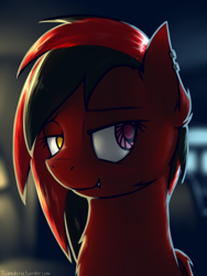 Size: 3000x4000 | Tagged: safe, artist:toanderic, derpibooru import, oc, oc only, oc:shadow blossom, bat pony, bedroom eyes, blushing, bust, ear piercing, fangs, heterochromia, looking at you, monitor, multicolored eyes, piercing, portrait, room, solo