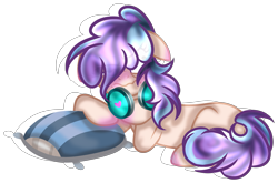 Size: 4800x3174 | Tagged: safe, artist:macaroonburst, derpibooru import, oc, earth pony, pony, blushing, female, headphones, mare, pillow, prone, simple background, solo, transparent background, white outline