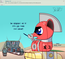 Size: 1500x1369 | Tagged: safe, artist:trackheadtherobopony, derpibooru import, oc, oc:trackhead, ask, desert, deviantart, question, solo, tank (vehicle), tank pony, text, tumblr, wires