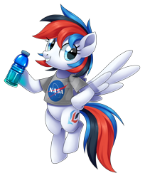 Size: 1600x1956 | Tagged: safe, artist:centchi, derpibooru import, oc, oc:retro city, pegasus, pony, bottle, clothes, female, mare, nasa, shirt, simple background, solo, transparent background, watermark