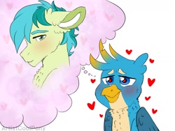 Size: 1600x1200 | Tagged: safe, artist:artistcoolpony, derpibooru import, gallus, sandbar, earth pony, griffon, pony, school daze, blushing, daydream, gallbar, gay, heart, heart eyes, interspecies, male, shipping, simple background, thought bubble, wingding eyes