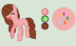 Size: 852x520 | Tagged: safe, artist:princessunicorn123, derpibooru import, oc, oc only, oc:strawberry cake, earth pony, pony, base used, eyes closed, female, green background, mare, offspring, parent:cheese sandwich, parent:pinkie pie, parents:cheesepie, reference sheet, simple background, solo