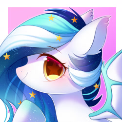 Size: 1800x1800 | Tagged: safe, artist:leafywind, derpibooru import, oc, oc only, oc:wistful galaxy, bat pony, pony, abstract background, bat pony oc, bat wings, bust, colored pupils, colored wings, ear fluff, ethereal mane, female, looking at you, mare, portrait, solo, spread wings, starry eyes, starry mane, wingding eyes, wings