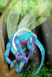 Size: 1440x2160 | Tagged: safe, artist:lookabombaboo, derpibooru import, oc, oc only, oc:syrin, dracony, hybrid, forest, male, simple background, solo, tree