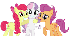 Size: 1024x503 | Tagged: safe, artist:guzzlord, derpibooru import, apple bloom, scootaloo, sweetie belle, earth pony, pegasus, pony, unicorn, alternate cutie mark, alternate universe, braid, cutie mark crusaders, female, mare, older, older apple bloom, older scootaloo, older sweetie belle, raised hoof, scootaloo can't fly, simple background, transparent background, trio