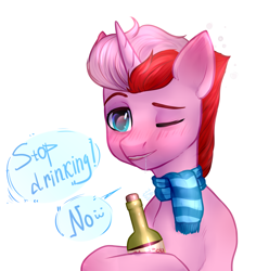 Size: 1984x2000 | Tagged: safe, artist:sashkamardes, derpibooru import, oc, oc:cherry swirl, unicorn, alcohol, clothes, drunk, male, one eye closed, scarf, solo, stallion, wink, ych result