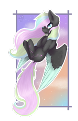 Size: 800x1231 | Tagged: safe, artist:lilrandum, derpibooru import, oc, oc:black butterfly, pegasus, pony, art trade, cutie mark, detailed, detailed background, detailed eyes, detailed hair, female, full body, fullbody, gray coat, happy, long hair, long mane, mare, open mouth, pastel colors, shading, simple background, sky, solo, sunset, transparent background, white outline