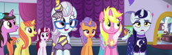 Size: 2227x718 | Tagged: safe, derpibooru import, screencap, cayenne, citrus blush, moonlight raven, north point, pretzel twist, sunshine smiles, pony, unicorn, canterlot boutique, background pony, canterlot carousel, clothes, dress, female, in-spire-ation, lily love, over the moon, panorama, tripping the light