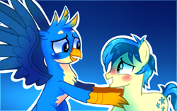 Size: 873x548 | Tagged: safe, artist:s1nb0y, derpibooru import, gallus, sandbar, griffon, school daze, blushing, gallbar, gay, interspecies, male, shipping, smiling, teenager