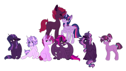 Size: 2272x1292 | Tagged: safe, artist:saphi-boo, derpibooru import, tempest shadow, twilight sparkle, twilight sparkle (alicorn), oc, alicorn, pegasus, pony, unicorn, my little pony: the movie, alicorn oc, broken horn, eyes closed, female, group, lesbian, magical lesbian spawn, next generation, nuzzling, offspring, parent:tempest shadow, parent:twilight sparkle, parents:tempestlight, shipping, simple background, tempestlight, transparent background