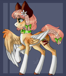 Size: 1650x1913 | Tagged: safe, artist:dusty-onyx, derpibooru import, oc, oc only, oc:baby cakes, pegasus, pony, bow, braid, female, flower, flower in hair, mare, solo, unshorn fetlocks