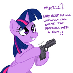 Size: 1024x1024 | Tagged: safe, artist:ichduhernz, derpibooru import, twilight sparkle, twilight sparkle (alicorn), alicorn, bipedal, gun, handgun, lol, pistol, smiling, solo, weapon