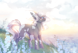 Size: 2800x1900 | Tagged: safe, artist:riressa, derpibooru import, oc, oc only, earth pony, pony, chest fluff, cloud, female, flower, grass, looking away, mare, scenery, solo