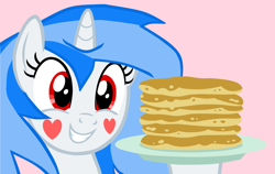 Size: 2350x1488 | Tagged: safe, artist:gempainter32, derpibooru import, oc, oc:diamond nella, unicorn, blue mane, bust, cute, female, food, grin, heart, looking at you, mare, ocbetes, pancakes, pink background, plate, red eyes, simple background, smiling, solo, story included