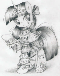 Size: 1251x1576 | Tagged: safe, artist:nika191319, derpibooru import, twilight sparkle, twilight sparkle (alicorn), alicorn, pony, clothes, female, grayscale, mare, monochrome, sketch, solo, traditional art