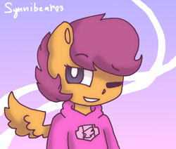 Size: 2600x2200 | Tagged: safe, artist:synnibear03, derpibooru import, scootaloo, oc, oc only, oc:ponytale scootaloo, anthro, comic:ponytale, solo