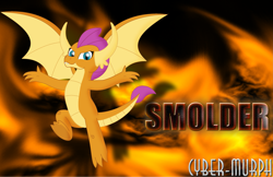 Size: 3247x2104 | Tagged: safe, artist:cyber-murph, derpibooru import, smolder, dragon, school daze, fire, flying, signature