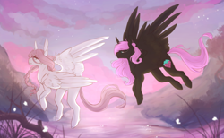 Size: 1280x789 | Tagged: safe, artist:riressa, derpibooru import, oc, oc only, pegasus, pony, braid, duo, duo female, female, flying, large wings, mare, river, wings