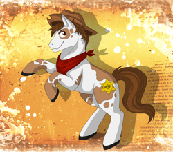 Size: 3050x2679 | Tagged: safe, artist:lilitrot, derpibooru import, oc, earth pony, pony, hat, rearing, sheriff, solo