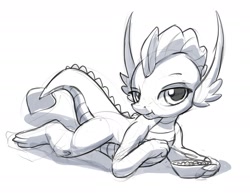 Size: 1632x1280 | Tagged: safe, artist:gsphere, derpibooru import, smolder, dragon, cereal, dragoness, eating, female, food, grayscale, looking at you, monochrome, prone, simple background, sketch, spoon, white background, wingless