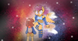 Size: 1532x812 | Tagged: safe, artist:synnibear03, derpibooru import, scootaloo, oc, oc:ponytale scootaloo, anthro, comic:ponytale, duo, frisk, outertale, outertale scootaloo, undertale