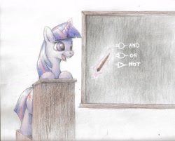 Size: 1280x1028 | Tagged: safe, artist:adidea, derpibooru import, twilight sparkle, unicorn twilight, pony, unicorn, chalkboard, female, logic gate, mare, solo, traditional art