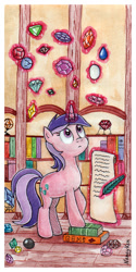 Size: 614x1226 | Tagged: safe, artist:nancyksu, derpibooru import, amethyst star, sparkler, book, gem, magic, quill pen, traditional art