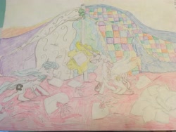 Size: 4032x3024 | Tagged: safe, artist:seriousponylovers, derpibooru import, alicorn, pony, blanket fort, past, pillow, pillow fight, traditional art, young celestia, young luna