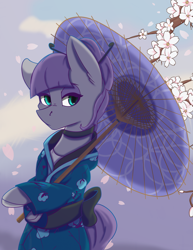 Size: 2975x3850 | Tagged: safe, artist:lula-moonarts, derpibooru import, maud pie, earth pony, pony, alternate hairstyle, clothes, female, flower, kimono (clothing), lidded eyes, mare, umbrella