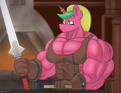 Size: 2600x2000 | Tagged: safe, artist:mopyr, derpibooru import, oc, oc only, oc:fort, anthro, unicorn, anthro oc, blacksmith, female, muscles, solo, sword, weapon