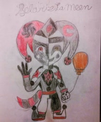 Size: 1024x1231 | Tagged: safe, artist:tobiisabunny, derpibooru import, oc, oc only, oc:solaris la moon, horse, semi-anthro, balloon, black and red, black sun, blood moon, evil grin, glowing eyes, grin, hat, it, jester, jester hat, moon, smiling, solo, traditional art