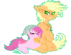 Size: 1024x795 | Tagged: safe, artist:vanillaswirl6, derpibooru import, oc, oc only, oc:orange, oc:strawberry, earth pony, pony, :>, annoyed, butt fluff, butt freckles, chest fluff, colored pupils, commission, duo, ear fluff, eyes closed, freckles, hat, hoof fluff, jewelry, leg fluff, lying down, male, necklace, raised hoof, simple background, sitting, transparent background