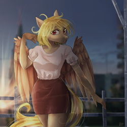 Size: 1000x1000 | Tagged: safe, artist:alicesmitt31, derpibooru import, oc, oc only, anthro, pegasus, city, clothes, lens flare, looking at you, shirt, side slit, skirt, solo, sun