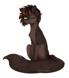 Size: 1024x1158 | Tagged: safe, artist:itsizzybel, derpibooru import, oc, oc:sage, pony, chest fluff, horns, male, one eye closed, simple background, sitting, solo, transparent background
