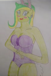 Size: 1024x1525 | Tagged: safe, artist:didgereethebrony, derpibooru import, oc, oc:boomerang beauty, equestria girls, blushing, bunny ears, bunny suit, clothes, easter, equestria girls-ified, holiday, solo, traditional art